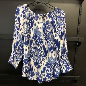 Ladies printed woven rayon crepon peasant top